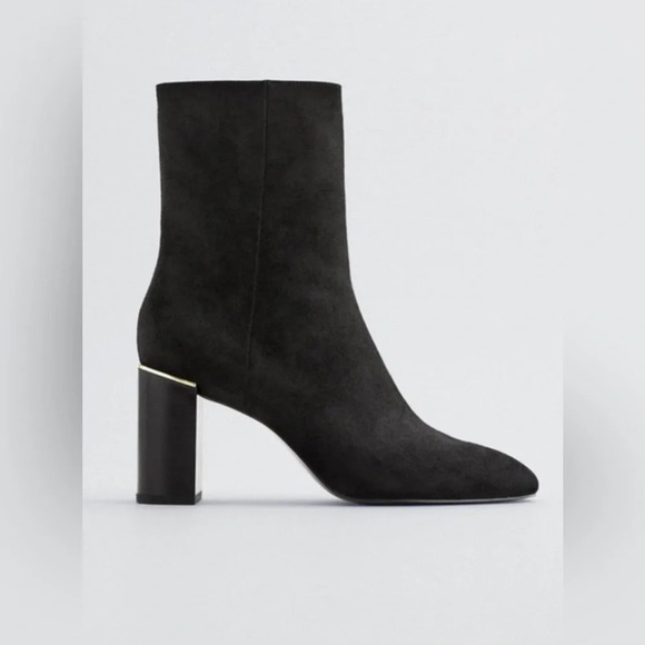 Zara Shoes - Zara faux suede Block heeled black booties With Gold Details  Size 40/ US 9.5